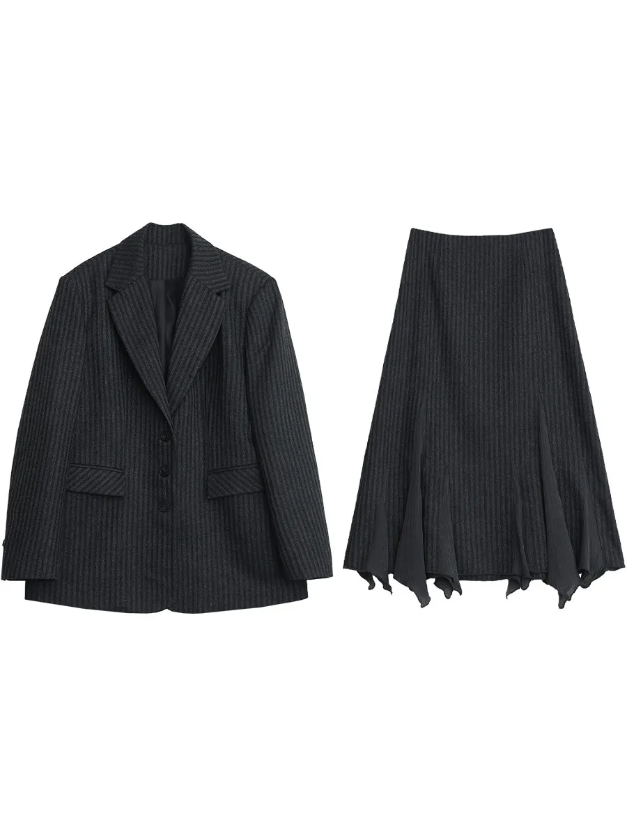 CHIC VEN Fashion Women Woolen Blazer Coat Loose Casual Office Ladies Suit Jacket Striped Fish Tail Skirt Set Autumn Winter 2026 view 5