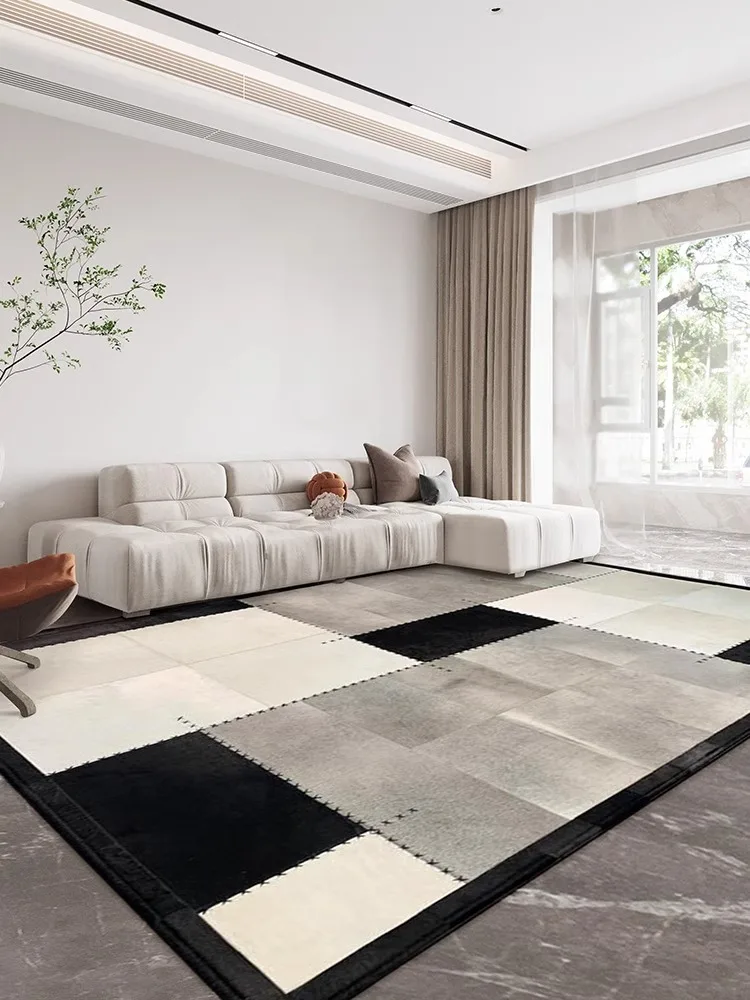

Modern Genuine Cowhide Carpet Light Luxury Handmade Plaid Area Rug for Bedroom Decor Sofa Villa Bedside Study Room Large Mat