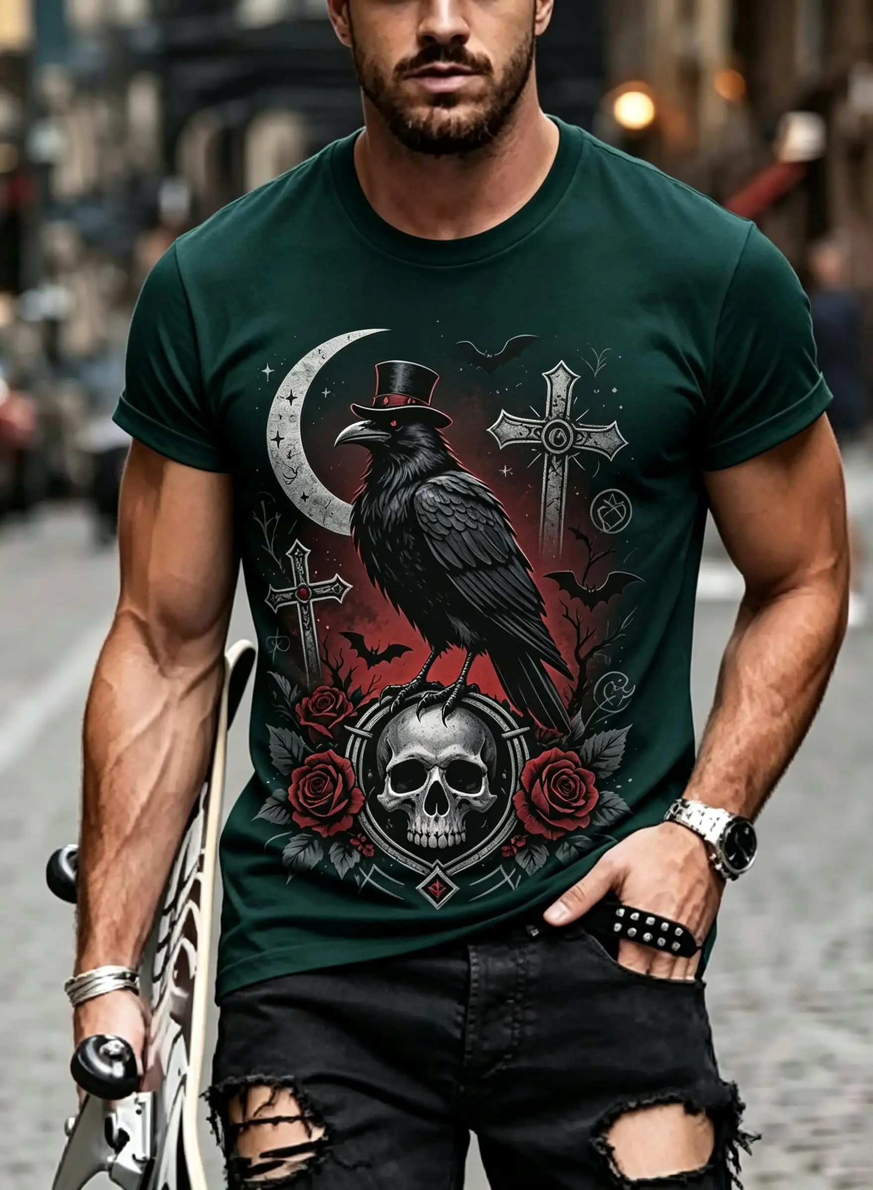 Mens Casual Short Sleeve T-shirt Dark Green Gothic Crow Skull Moon Rose Print Fashion Blouse