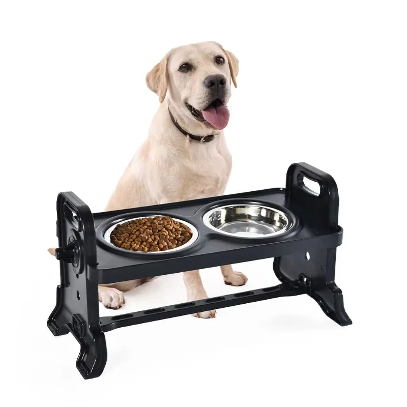 

Three Height Settings Pet Double Bowls ABS Raised Dog Bowl Stand with 2 Stainless Steel Bowls