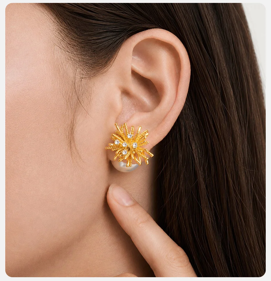 Vnox Trendige Luxus-Kristall-Feuerwerk-Ohrstecker für Damen, vergoldete Imitationsperlen-Ohrringe, eleganter Ohrschmuck mit Charakter. – Detail 3