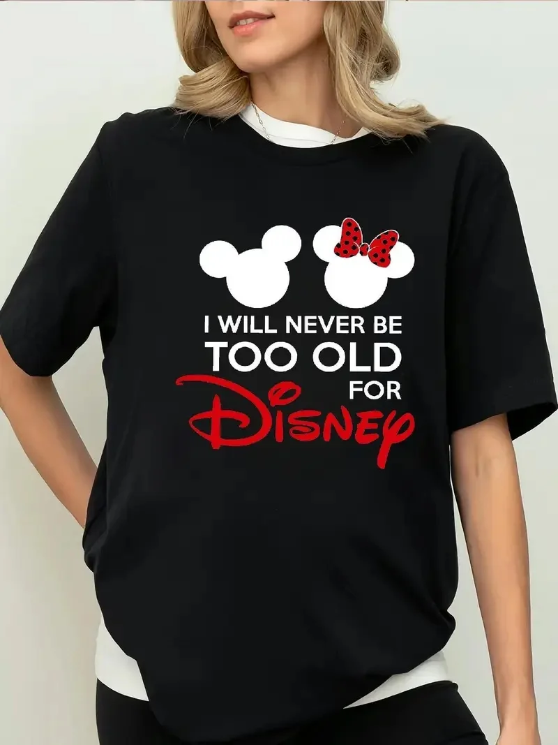 

2025 Disney Pattern Printed Women's Casual Comfortable Unique Smiling Face Black Round Neck Short Sleeve T-shirt