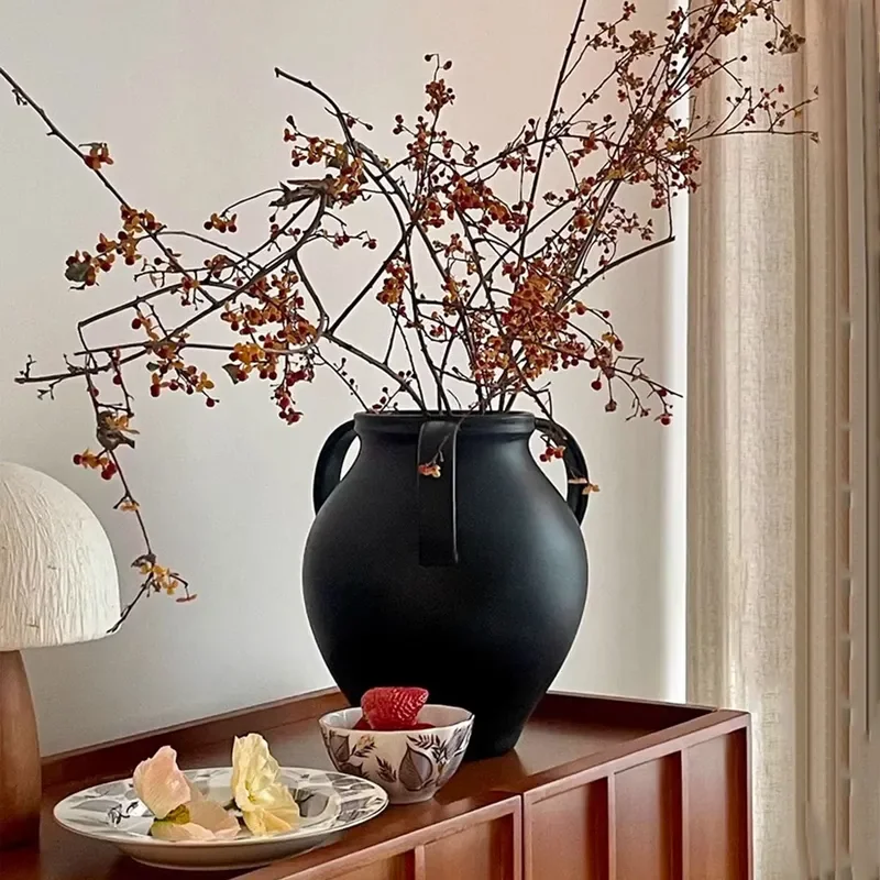 Three Ear Ceramic Vase Retro Flower Arrangement Ornament High End Living Room Entrance Home Decoration Ceramic Pot