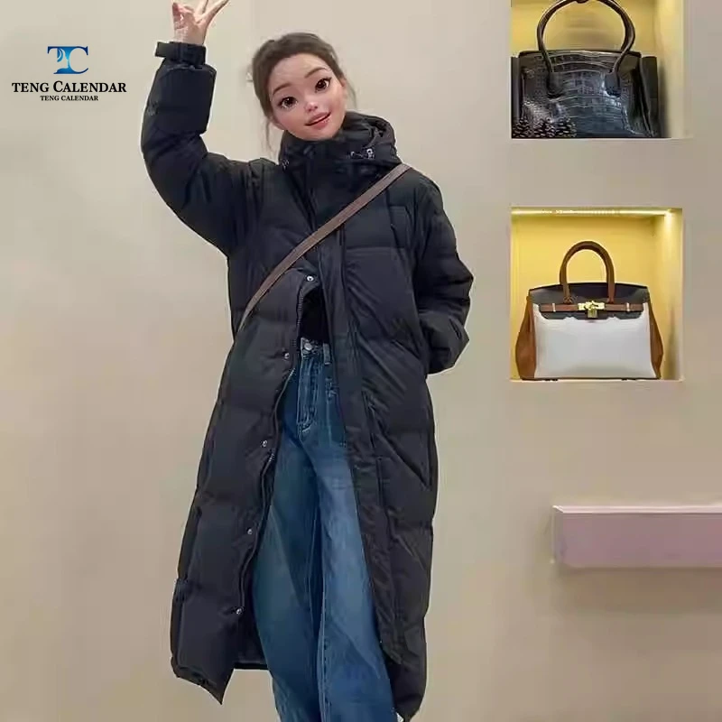 Long Down Jacket, Extra Long Over The Knee Thick Loose Hooded White Duck Down Couple Jacket, Winter Women 2024 New Style