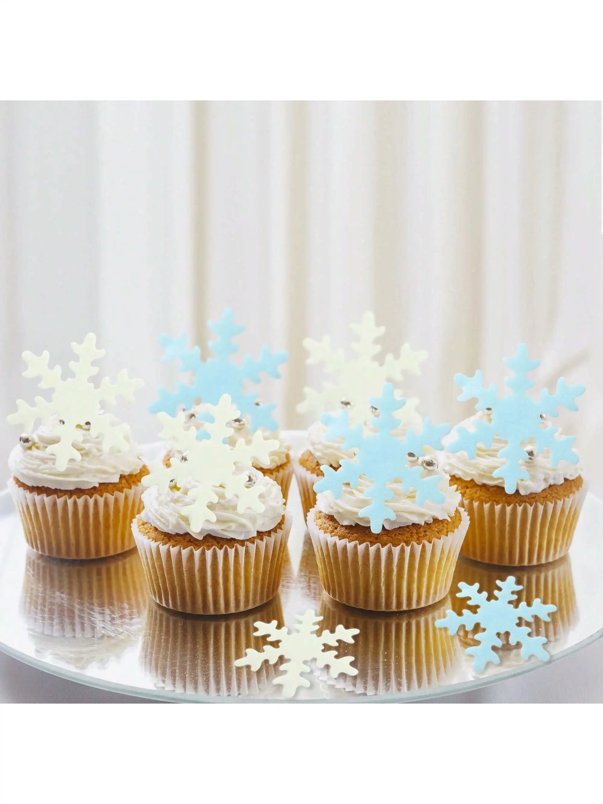 50 Stück blau-weiße Cupcake-Topper, Kuchenschneeflocken, Kuchendekoration, Winter-Frozen-Geburtstagsparty-Zubehör, Klebreispapier – Detail 4