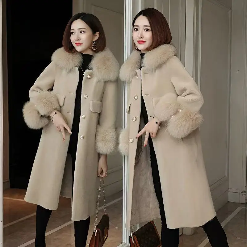 

Осень/зима 2025, новинка для женщин, бархатное толстое двустороннее пальто из гранулированной овечьей шерсти, длинное пальто с имитацией меха, длинная ветровка