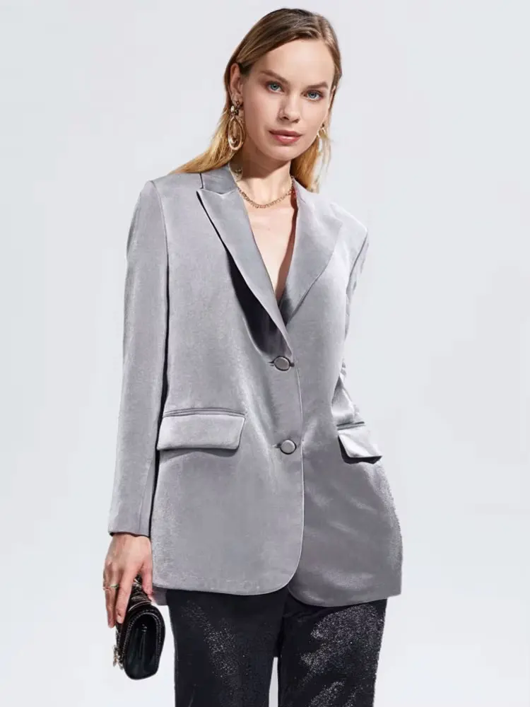 

HH 2025 Women's Spring Street Casual Blazer Solid Long Sleeves Lapel Metallic Glossy Fake Pocket Single Breasted Retro Coats