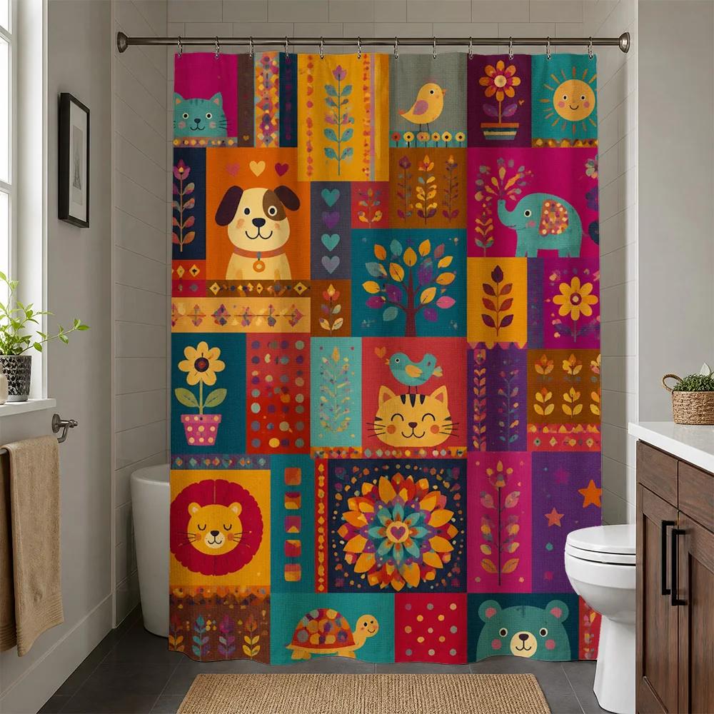 Colorful Rainbow Animal Pattern Shower Curtain Fun Kids Bathroom Decor Novelty Shower Curtain