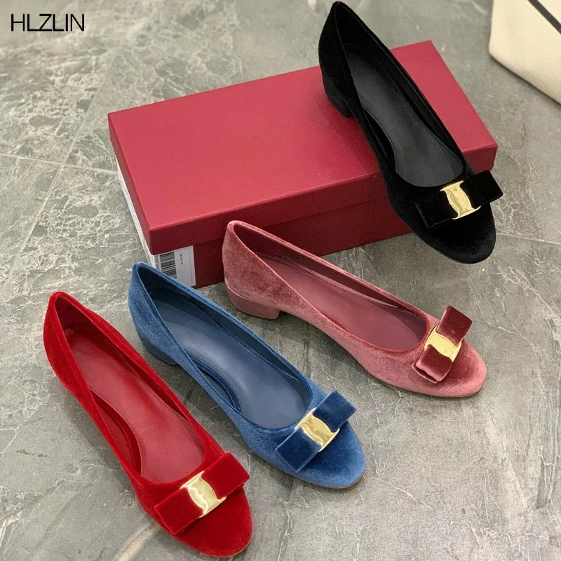 2025Women's bow velvet chunky heel shoes classic brand high quality 100% hand-made flat shoes size 34-42