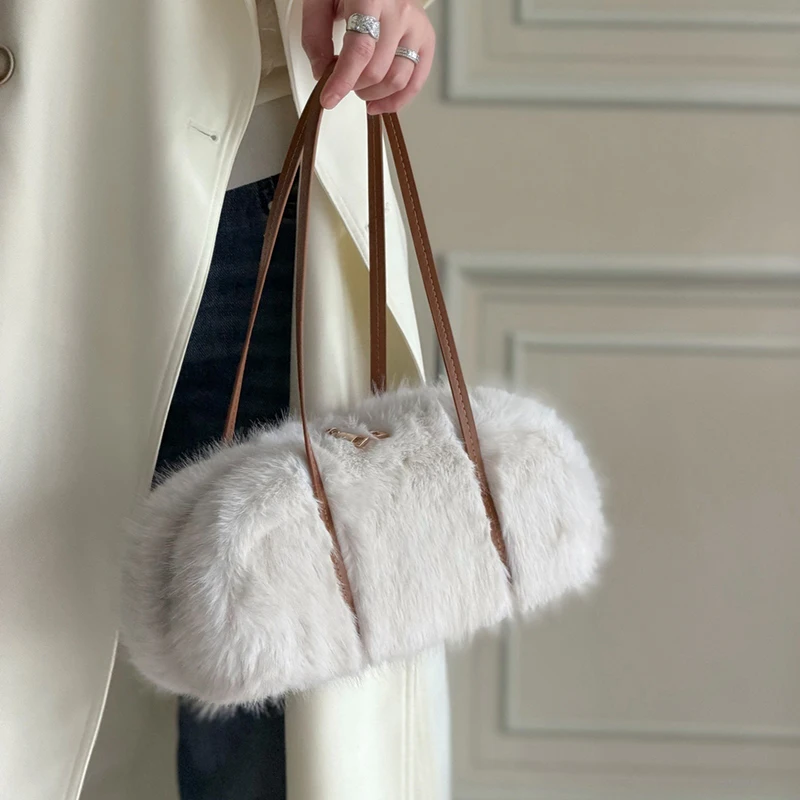 Women Autumn Winter Faux Fur Underarm Baguette Bag, Simple Commuting Handheld Shoulder Handbag, Trendy Ladies Casual Purse