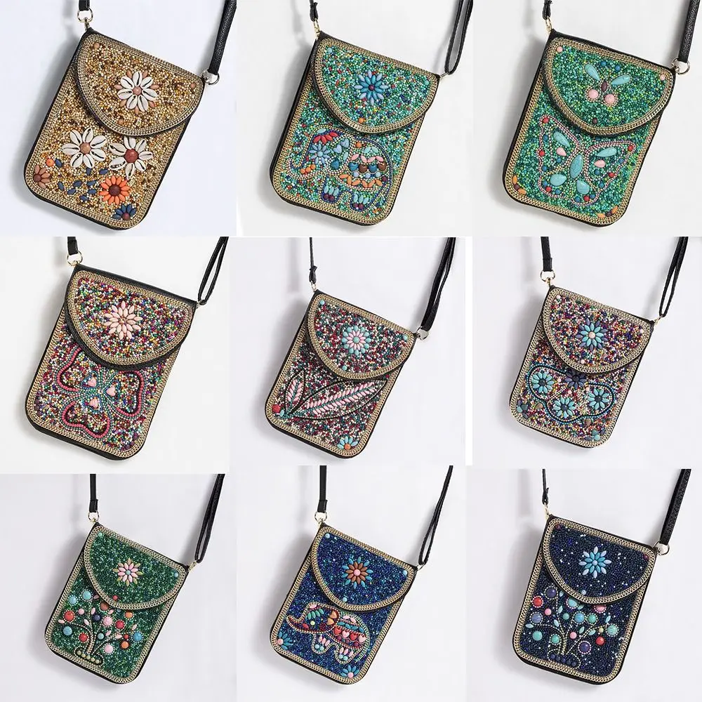 

Сумка через плечо с разноцветными бусинами в стиле ретро, маленькая сумка через плечо для мобильного телефона в стиле бохо, дорожный кошелек из искусственной кожи ручной работы, кошелек
