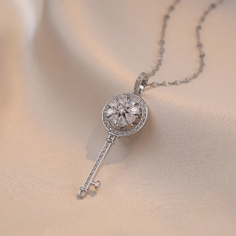Stainless Steel White CZ Crystal Key & Lock Charm Pendant Necklaces Bohemia Heart Link Chain Necklace For Women view 5