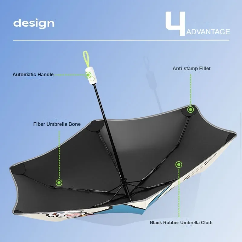 Cartoon Automatic Children Umbrella Windproof, UV Protection Sun Folding Umbrella Kids, Black Coating Sunshade Safty Arc Edge