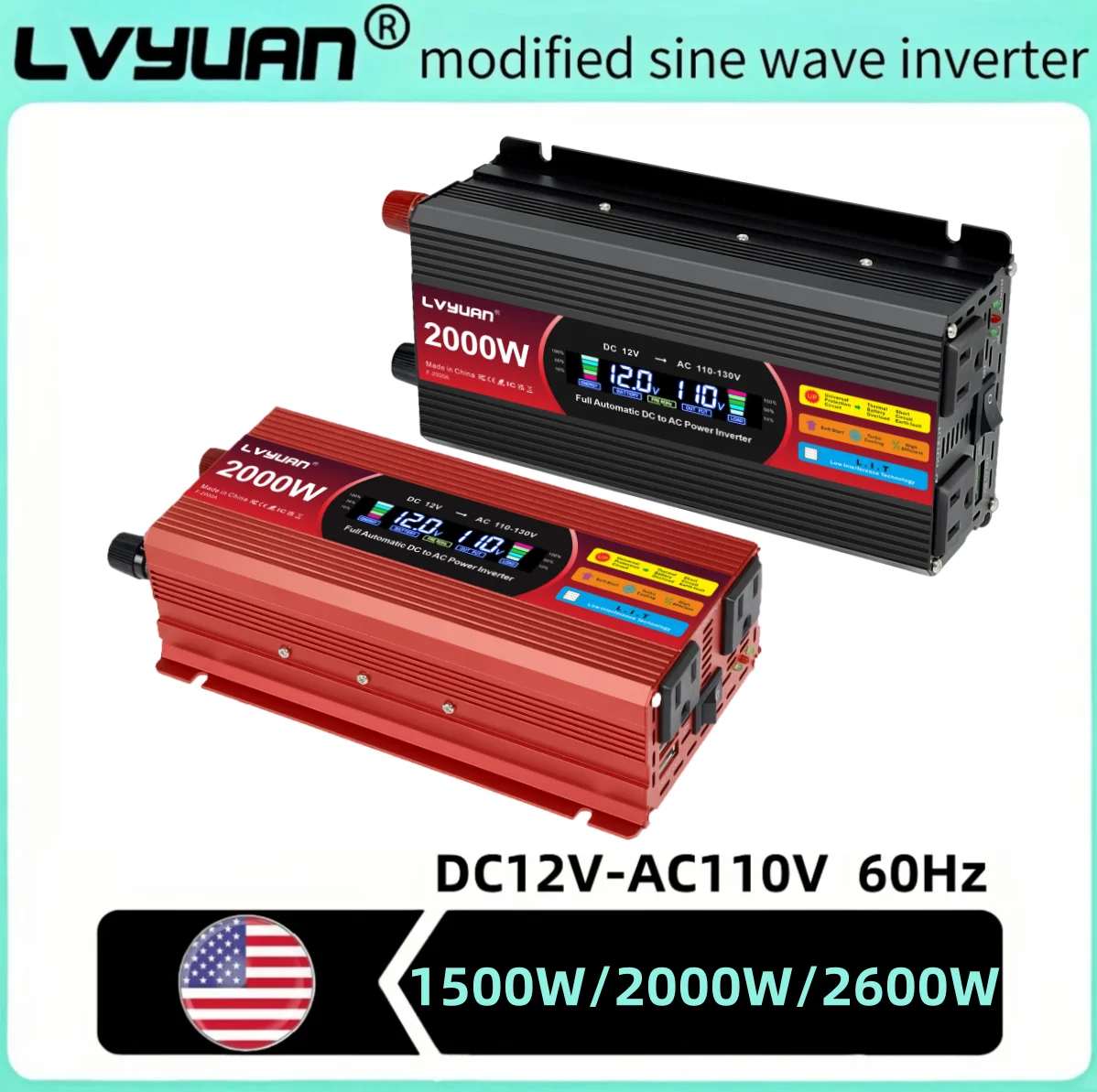 LCD Inverter DC12V AC110V Continuous Power 750W/1000W/1300W US Socket&60Hz Car Inversor