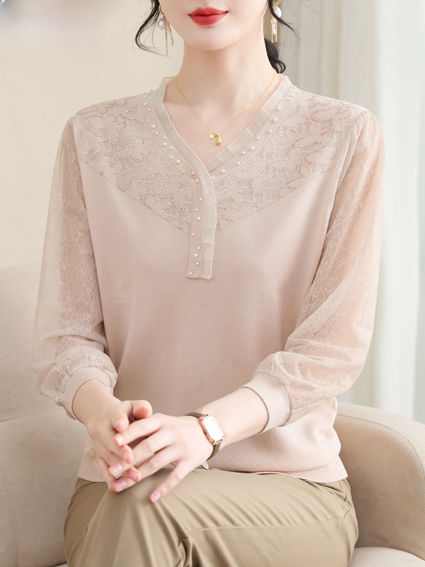 

Новая модная трикотажная футболка Ele Mom Spring Fashion из ледяного шелка для женщин среднего и старшего возраста