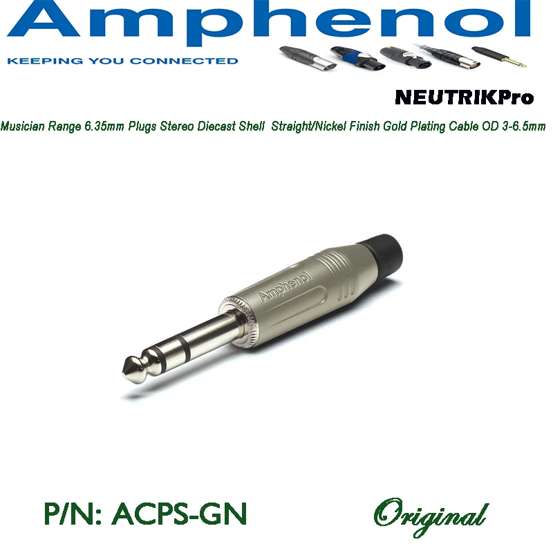 Amphenol Audio ACPS-GN PLUG Stereo Professional 3 Pole 6.35 mm Jack Plug Straight / Nickel Finish Diecast Shell Standard Plating