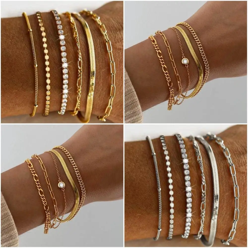 5/6 قطعة تصميم أنيق ثعبان سلسلة سوار مجموعة أنيقة القلب الحد الأدنى المعادن انقطاع سوار تموج متعدد الطبقات بوهو سوار هدية