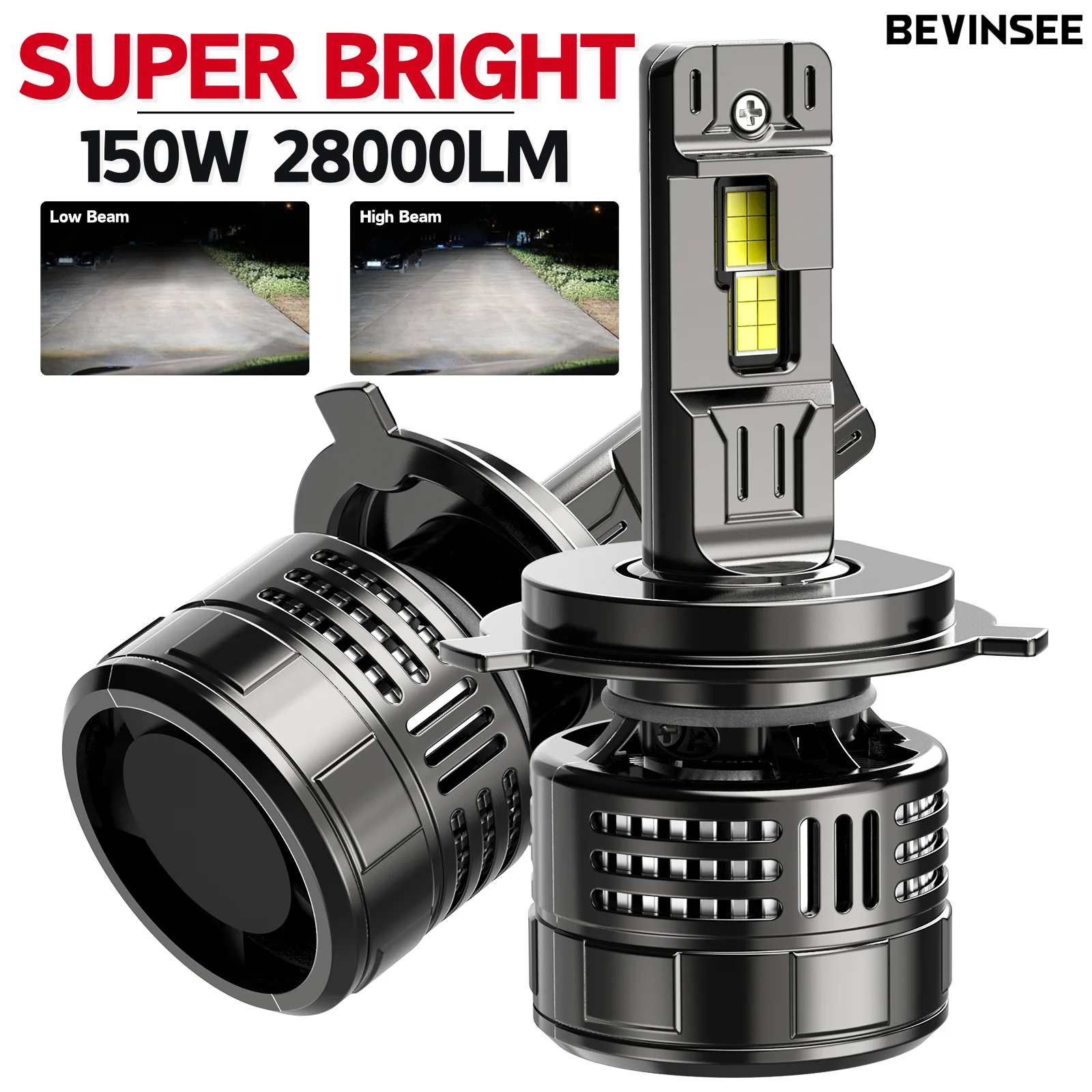 

BEVINSEE Bombillas LED H4 Hi/Lo Beam 150W 28000LM Super Bright H11 9005 HB3 9006 HB4 9012 HIR2 CANBUS Auto LED Bulbs 6000K 12V