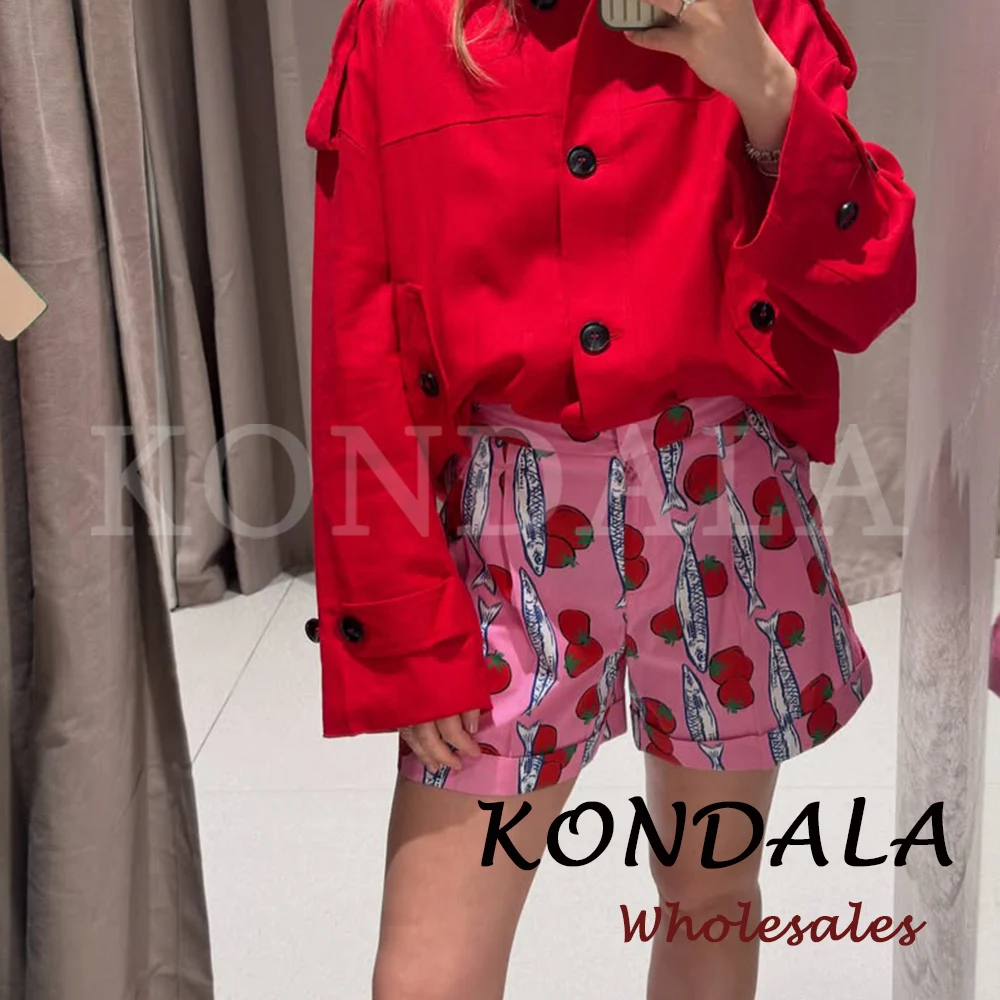 KONDALA Chic Print Tomato Fish Pink Mini Beach Loose Shorts Fashion 2026 Summer Y2K Summer Wide Leg Holiday Modern Cool Shorts