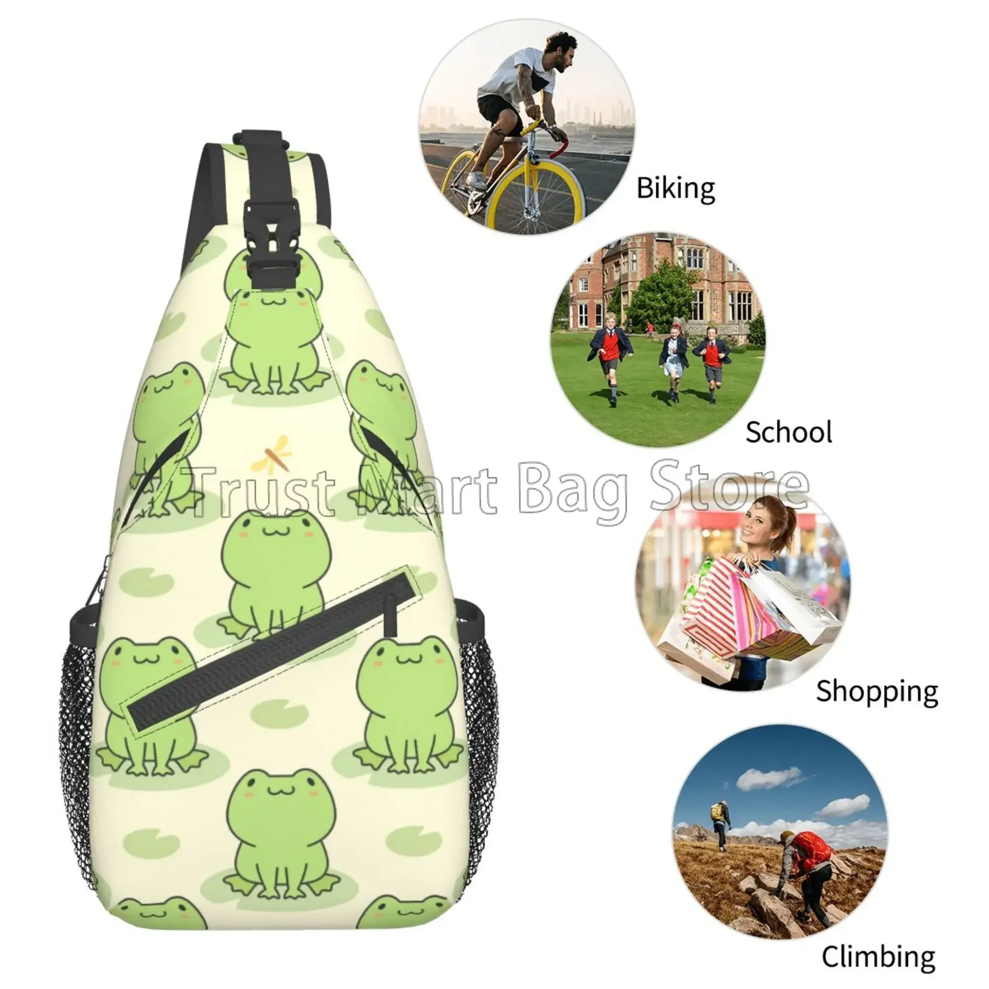 Cute Frog Print Sling Bag Crossbody Backpack Lightweight Chest Bag with Adjustable Shoulder Bag Casual Daypack for Travel Hiking