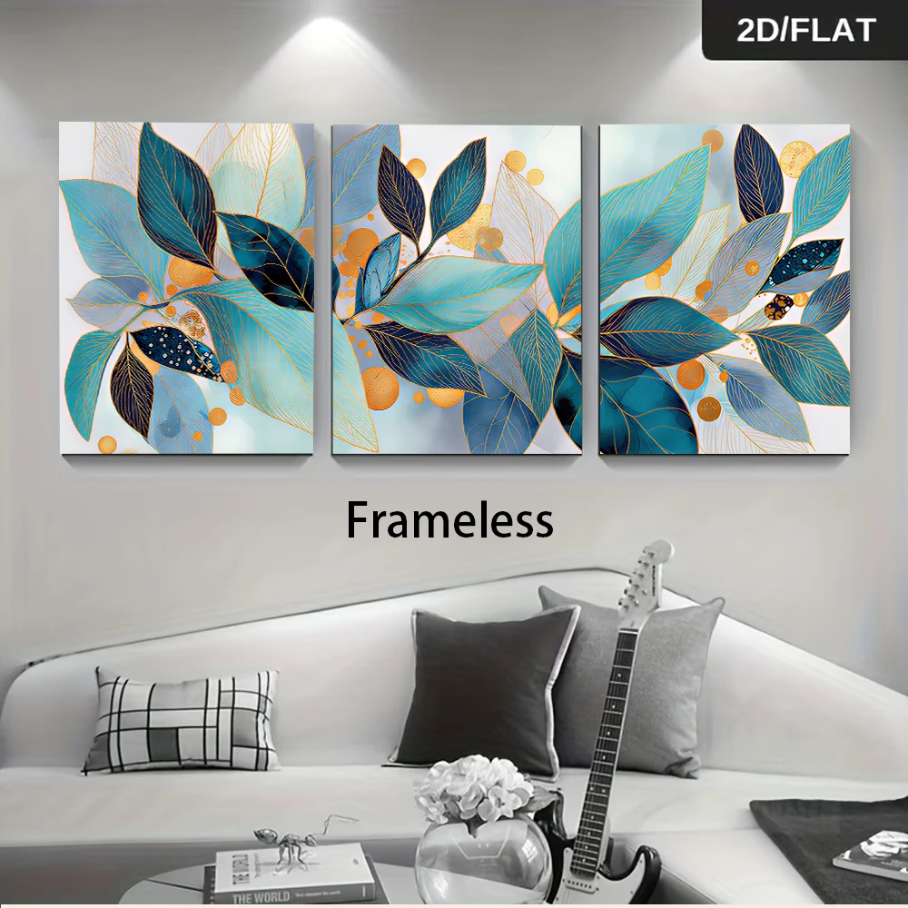 3PCS Frameless,One set of light luxury three-panel frameless decorative paintings: abstract art of blue, green and gold leaves,