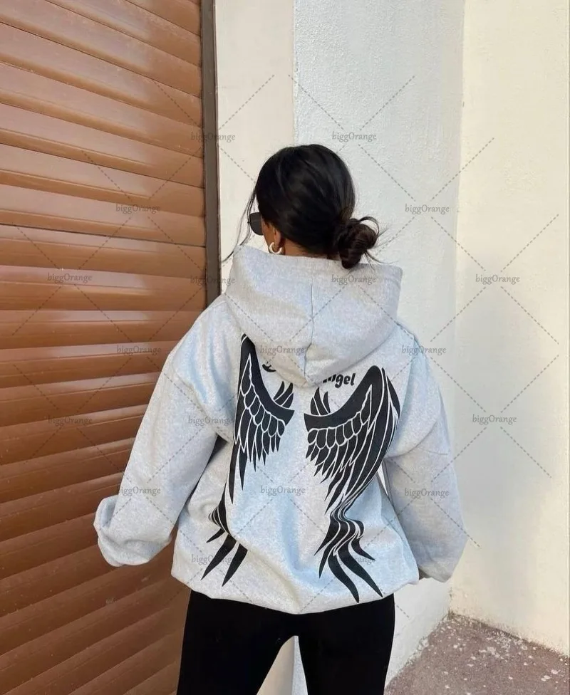 High Street Fashion Versatile Angel Wings Printed Loose Hoodie Men Harajuku Y2K Casual Personalized Oversized Sweatshirt Women