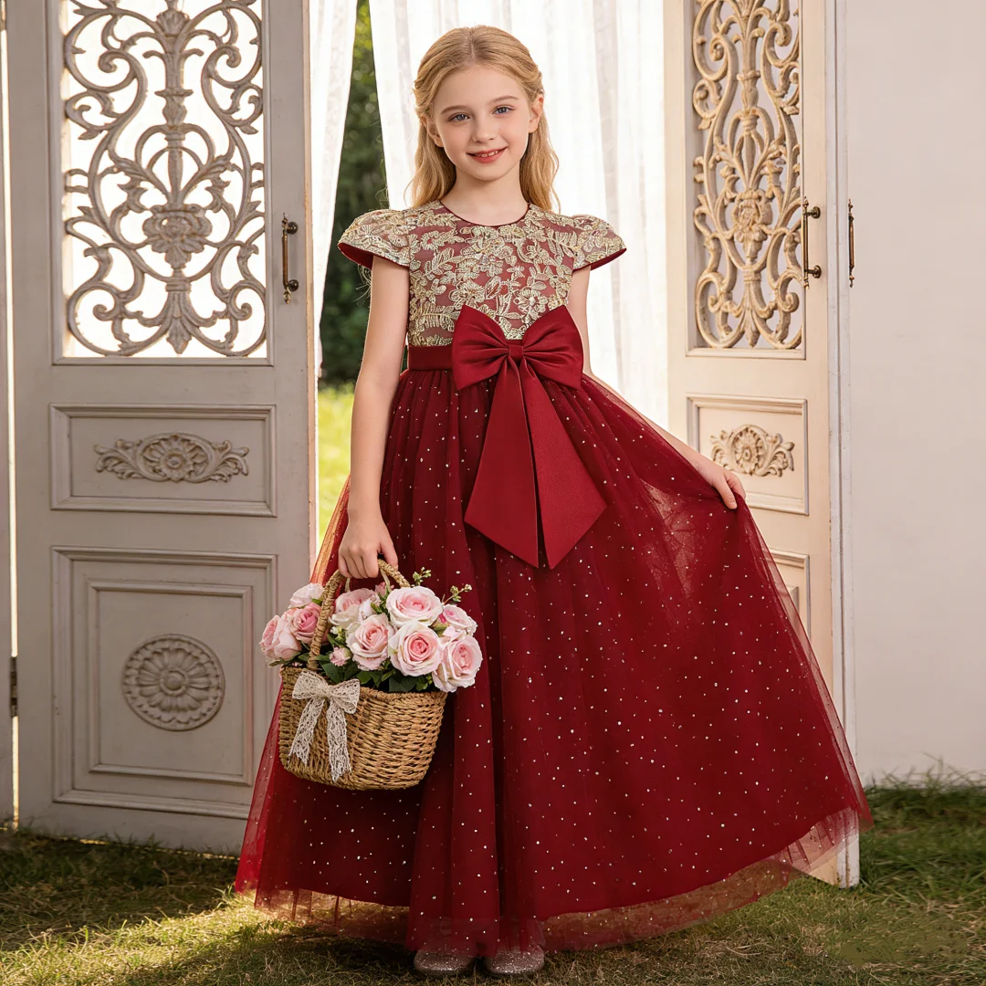 Girls Flower Embroidery Party Dress Kids Big Bow Long Wedding Bridesmaid Prom Gown Girl Fashion Lace Birthday Clothes Costumes