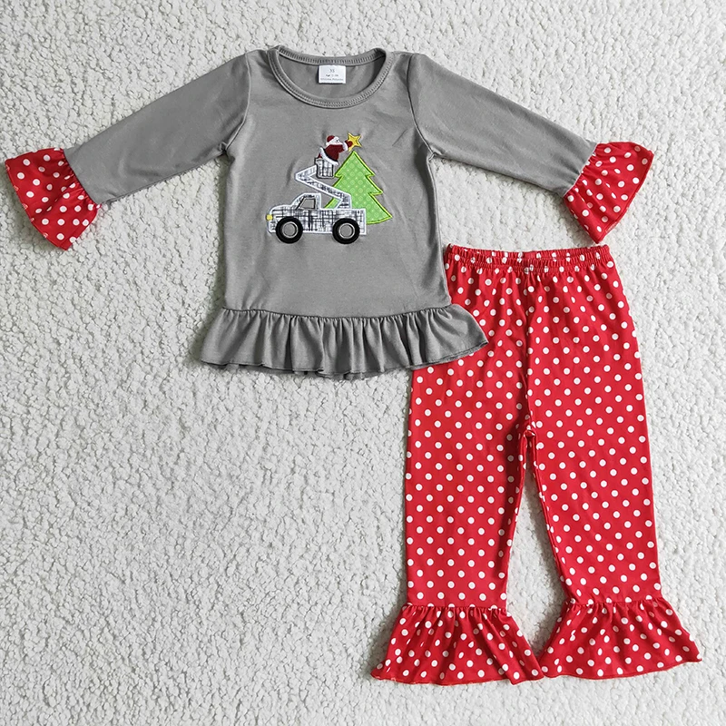

Christmas Baby Girl Embroidery Santa Tree Tractor Nightwear Children Long Sleeves Pants Sleepwear Set Kid Outfit Toddler Pajamas