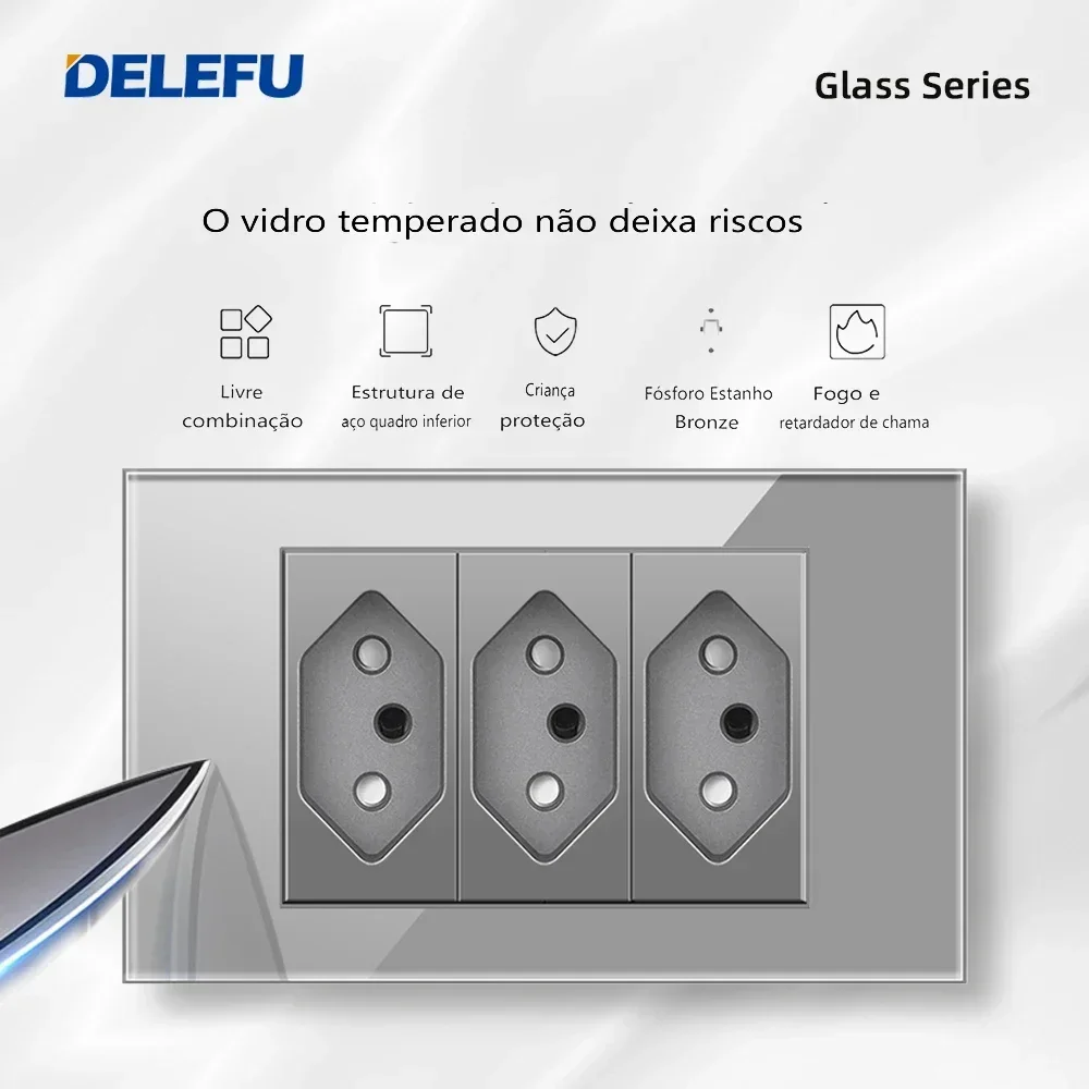 DELEFU Grey Panel ze szkła hartowanego Tpye-c USB Brazil standardowy pakiet gniazdo ścienne, 3gang przełącznik do montażu ściennego, więcej rabatów.