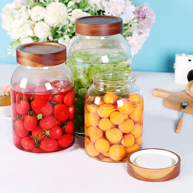

Large Glass Bottle 2 Litres Acacia Wood Threaded Sealed Cap Miscellaneous Grain Storage Jar Pickle Jar Wine Bottle