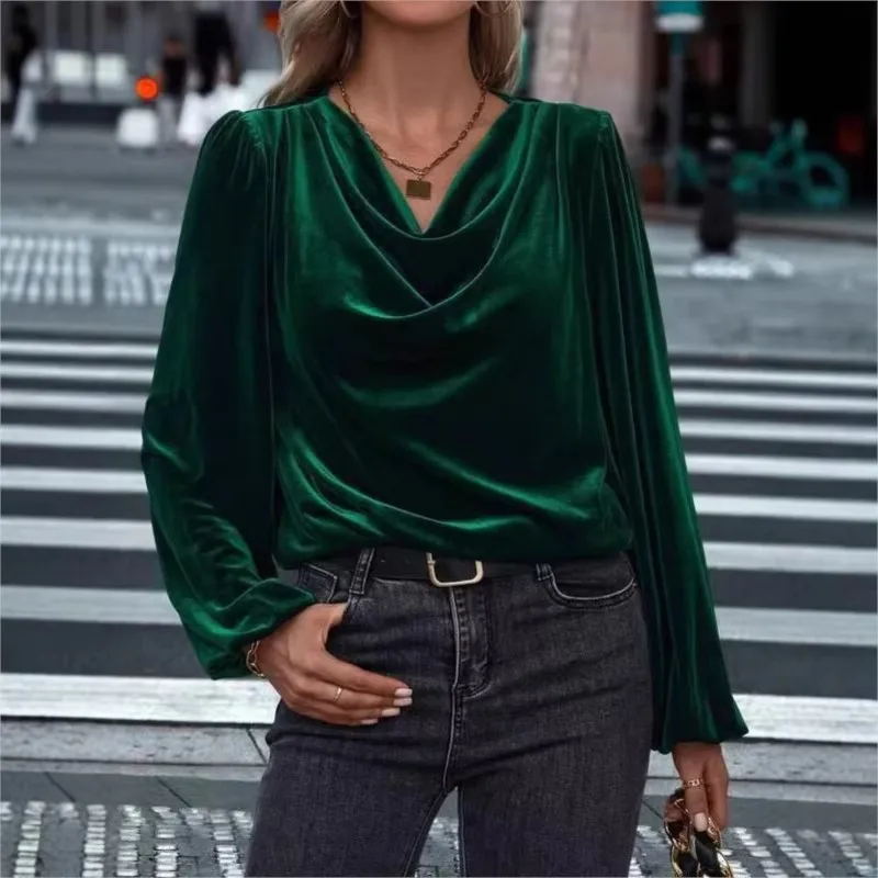

Spring Velvet Cowl Neck Long Sleeve Tops For Woman Clothes Autumn Elegant Drape Front Blouse Multiple Colors For Party Evening