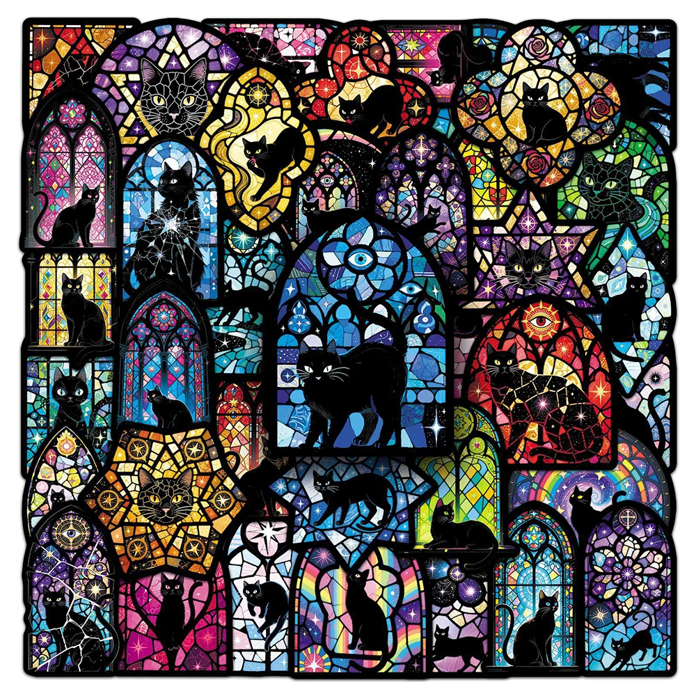 10/30/50 Stück Vintage Bunte Glas- und Schwarze-Katzen-Aufkleber im Gothic-Stil, DIY-Abziehbilder für Notizbücher, Koffer, Telefone, Coole PVC-Sticker-Dekoration