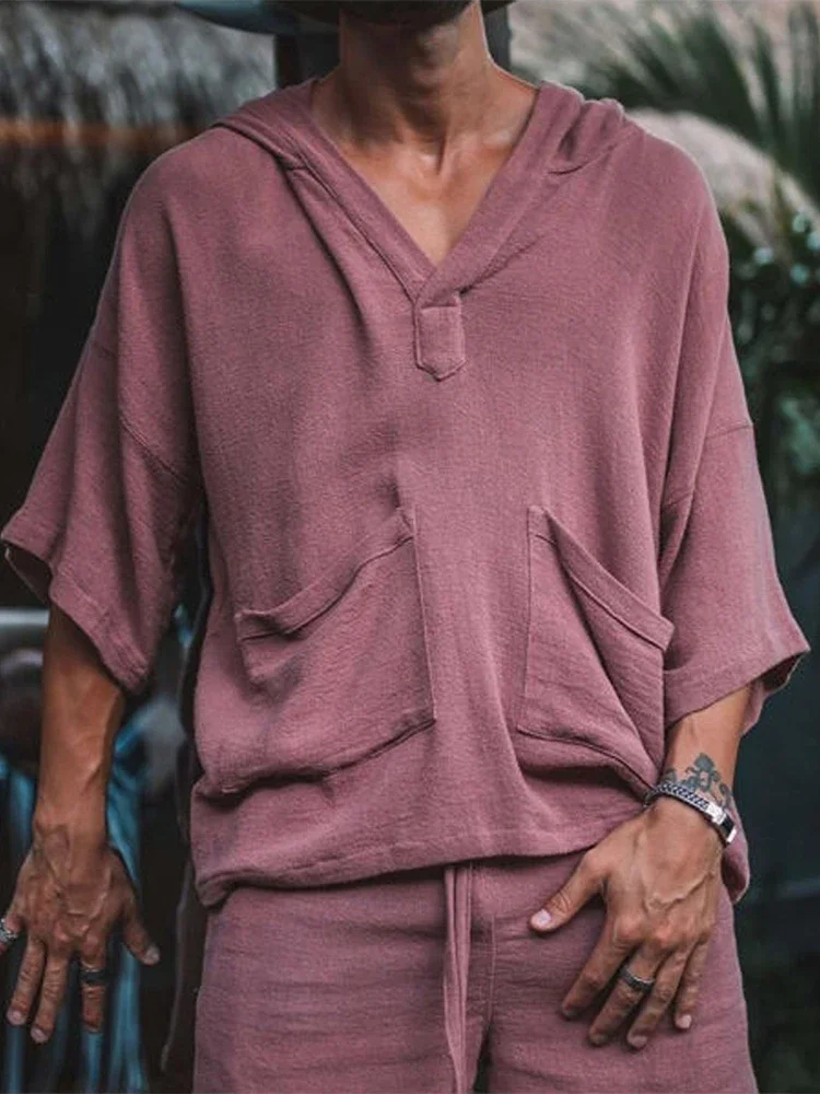 2026 Sommer Herren Einfarbiges Baumwoll-Leinen Zweiteiler-Set V-Ausschnitt Halbarm T-Shirt Lockere Shorts Atmungsaktiv Urlaub Alltag Lässig Passend – Detail 8