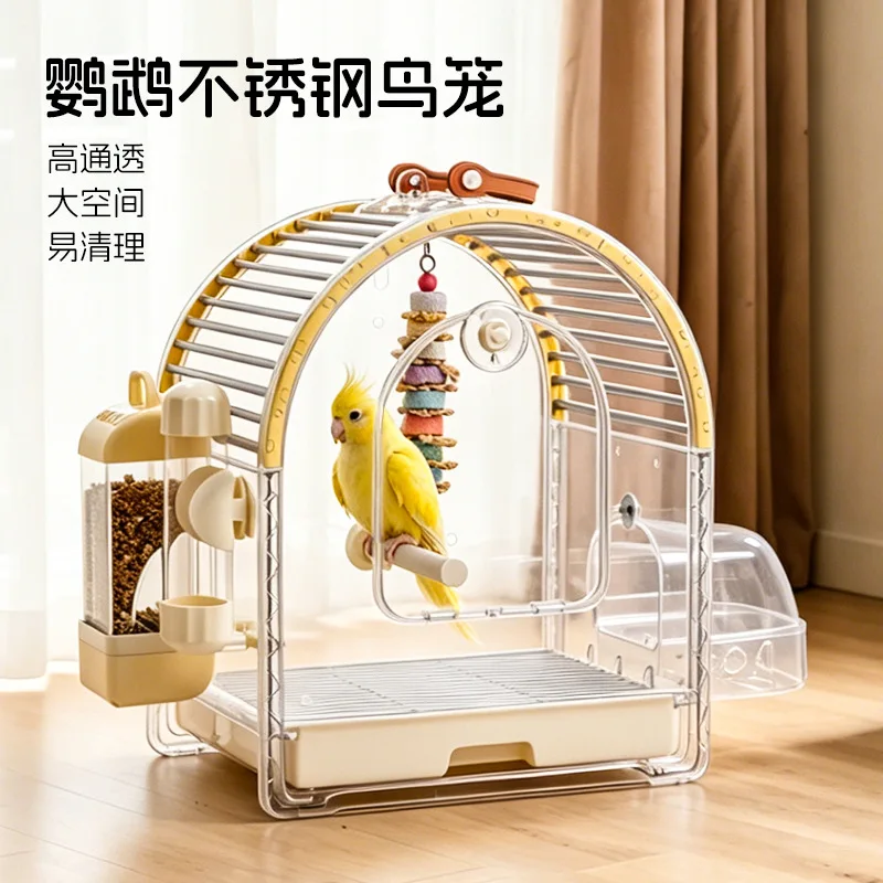 Large splash-proof black wind peony tiger skin stainless steel acrylic transparent ornamental household bird cage