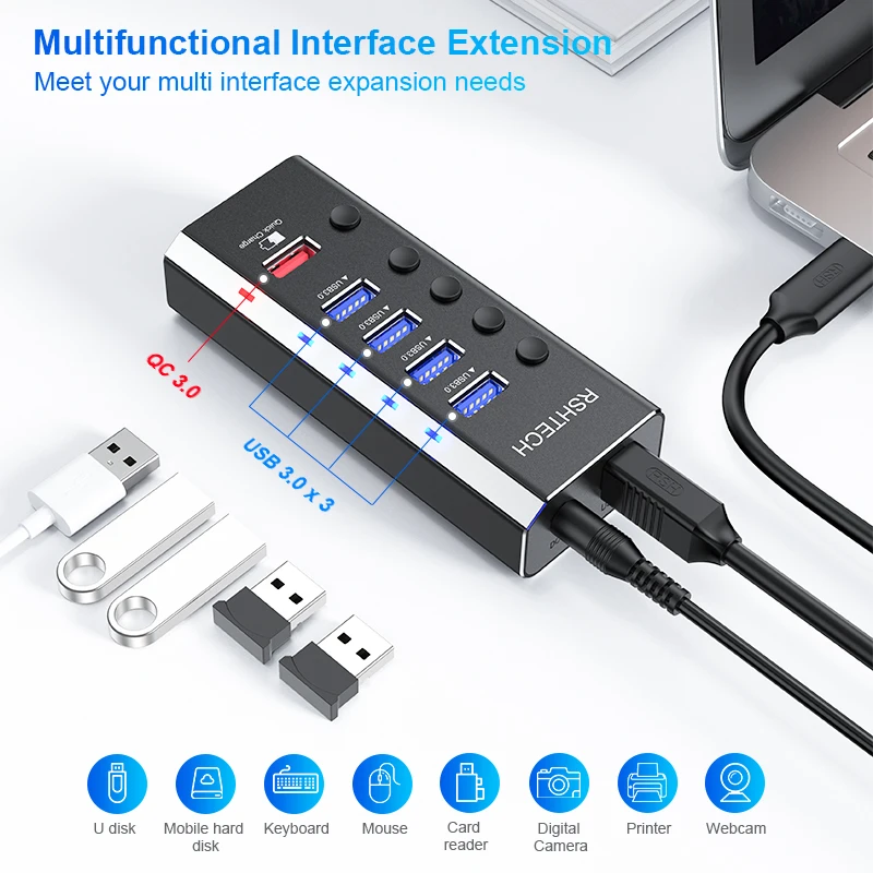 RSHTECH Powered USB Hub Aluminum 5-Port USB3.0 Hub Splitter QC 3.0 Fast Charging Individual LED On/Off Switches for Mac PC