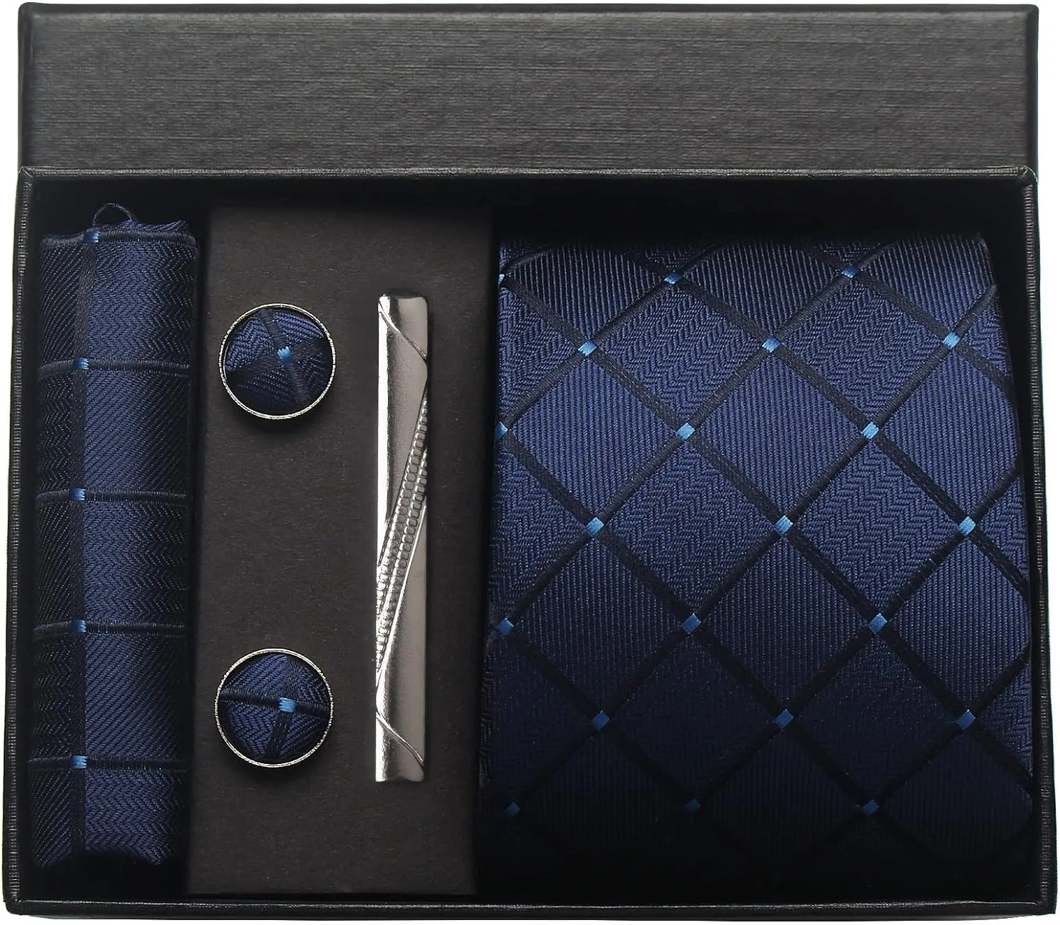 Klassische Herrenkrawatten aus 100 % Seide in Geschenkbox, 8 cm, kariert, gepunktet, gestreift, Business-Krawatte, Einstecktuch, Manschettenknöpfe, Hochzeitskrawatten-Set – Detail 9