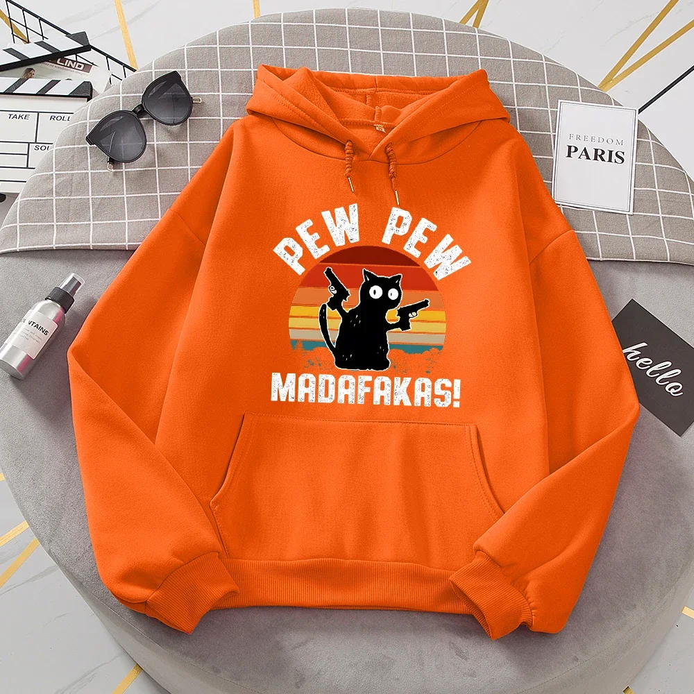 Women Fleece Warm Pullover All Match Basic Hoodies Sport Hoody Pew Madafakas Baby Black Cat With Two Guns Tracksuit