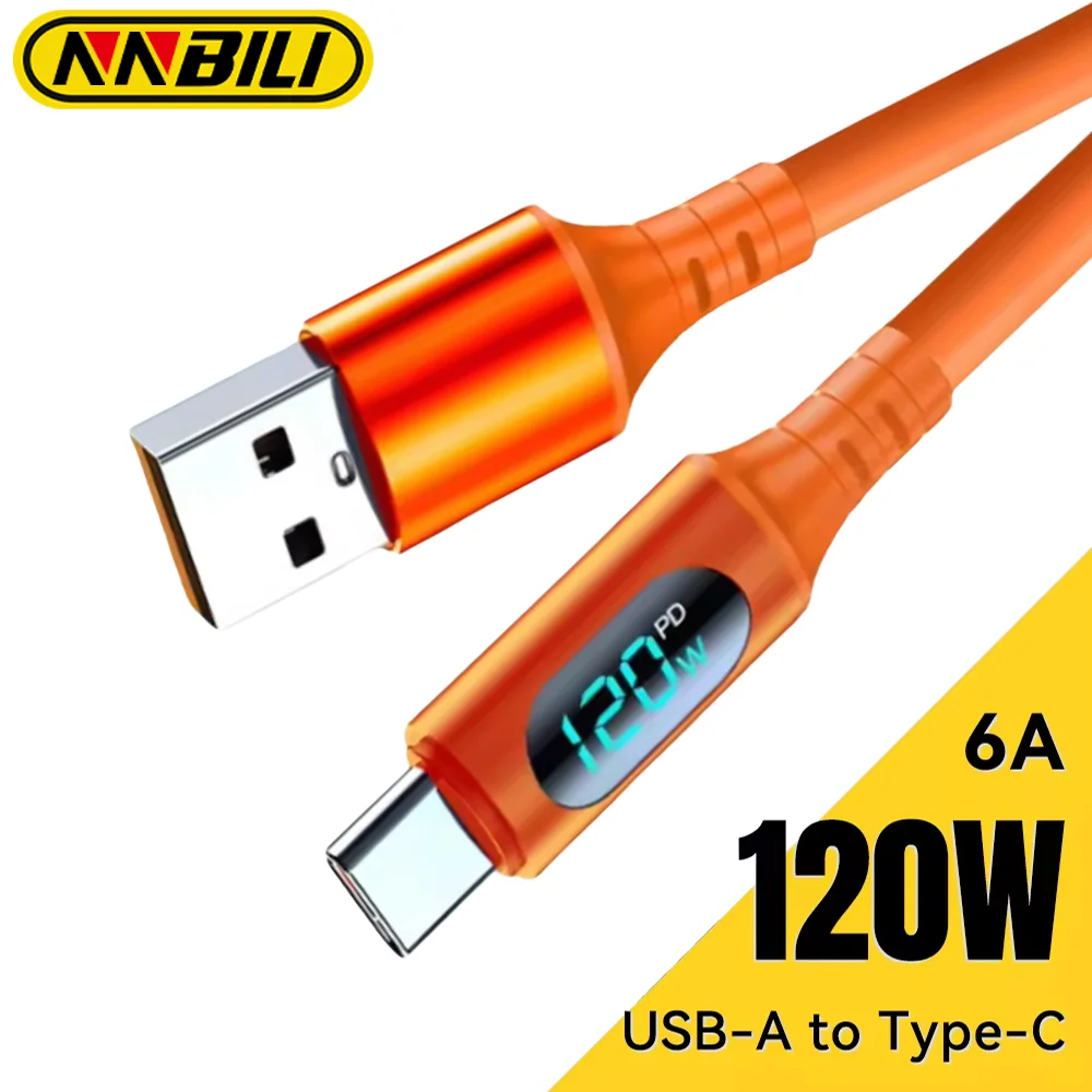 NNBILI 120W 6A FAST CHARGE USB Type C สายชาร์จด่วนสําหรับ Huawei P70 Samsung OnePlus Realme โทรศัพท์ LED ดิจิตอลจอแสดงผลสาย