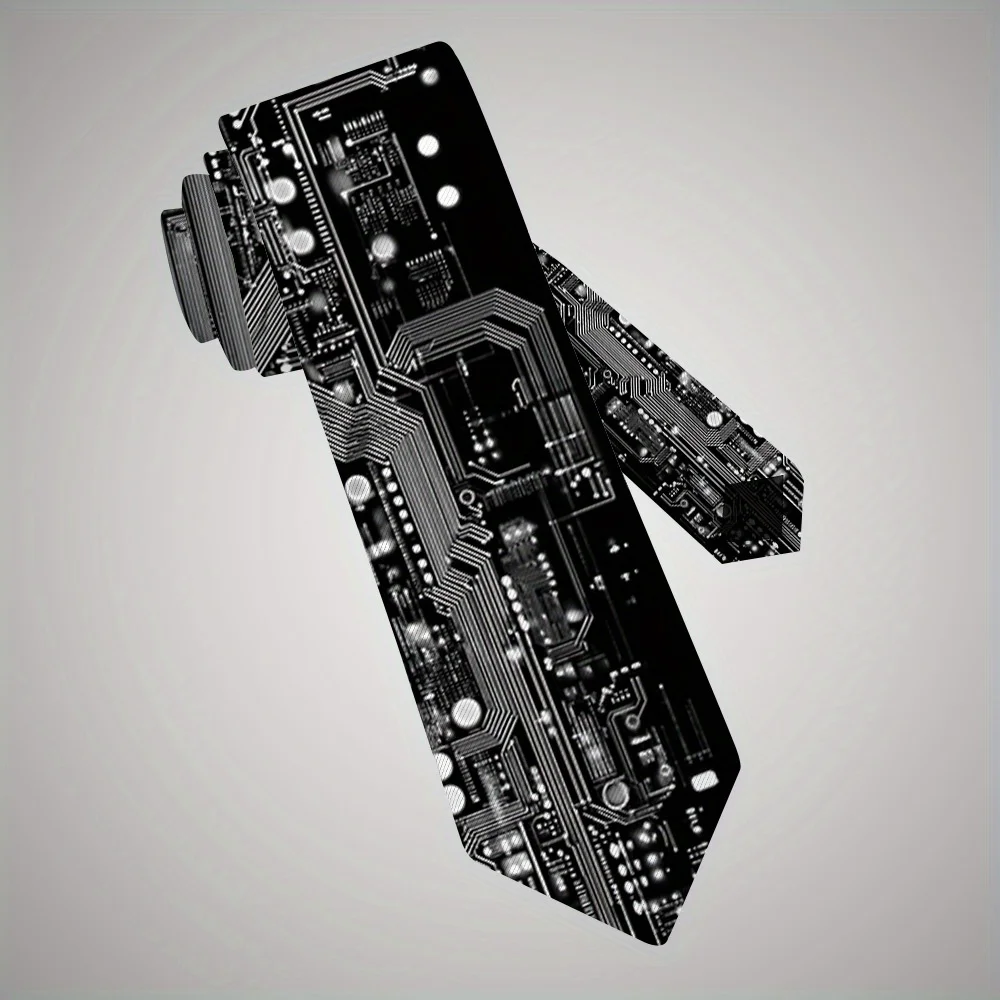 

1 шт. Галстук в техно-стиле с современным узором компьютерных схем, черно-белый, из высококачественной ткани