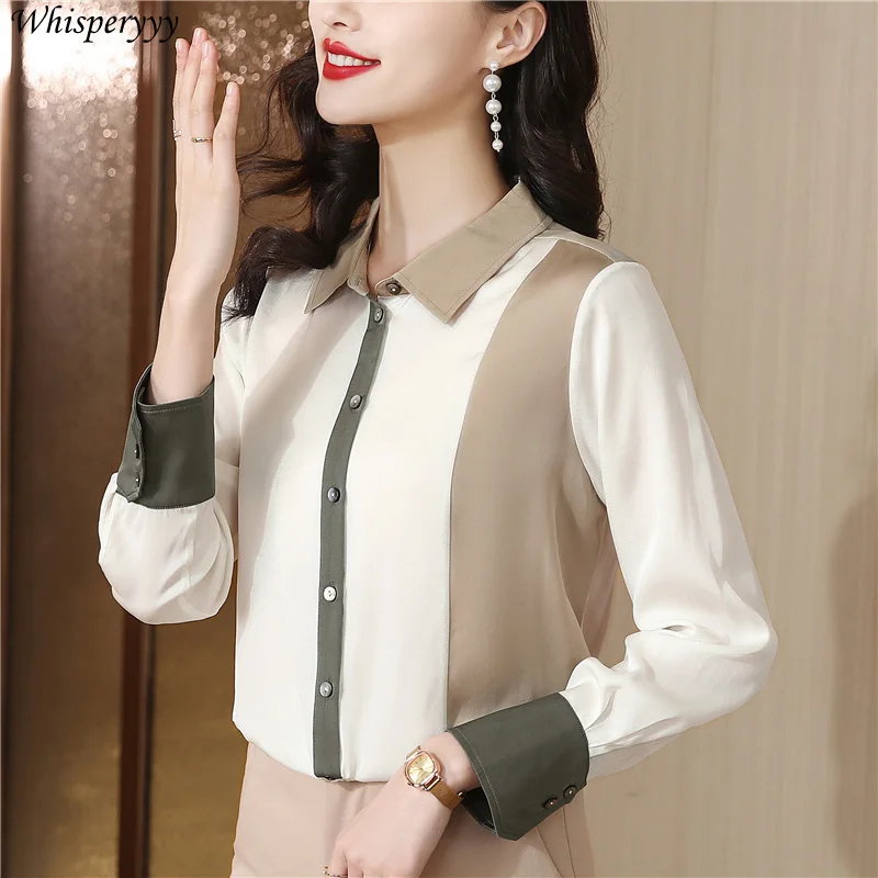 Three Color Patchwork Shirt Women's Fashion Temperament Tops Single Breasted Lapel Blouse for Ladies Long Sleeves Chemise Femme