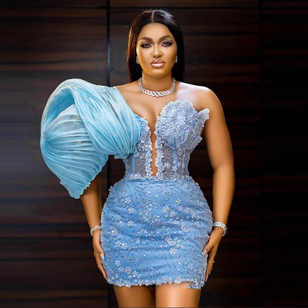 Elegante azul mini vestido de festa querida um ombro cocktail vestido curto apertado espartilho sexy menina vestido de baile personalizado