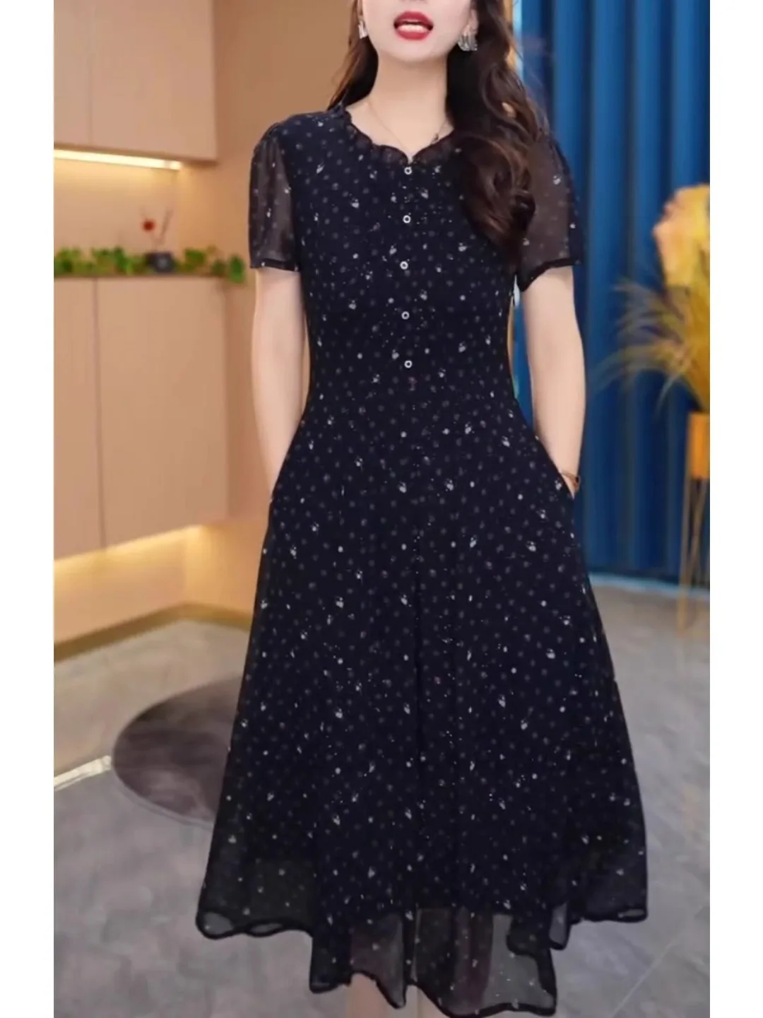 エレ ハイウエスト 花柄プリント Vネック サマードレス レディース ファッション 2025 新作 スリム Aラインスカート 軽量 カジュアルドレス