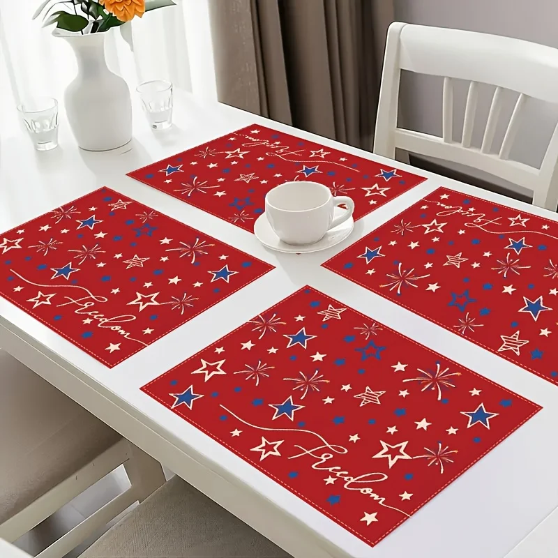 4pcs Patriotic Freedom Stars Placemats, Festive Table Decor for Holiday Dinners & Parties, 2D Flat