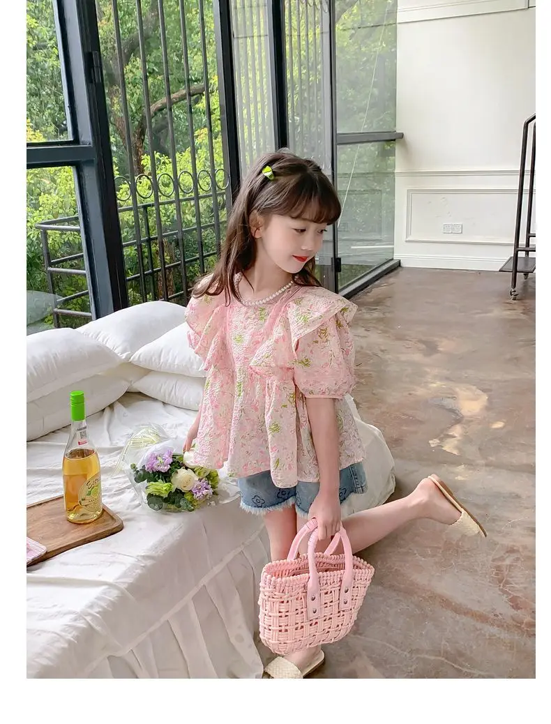 Girls' Shirt Summer New Korean Edition Children's floral short sleeved shirt Little girl summer bubble sleeve half sleeved top