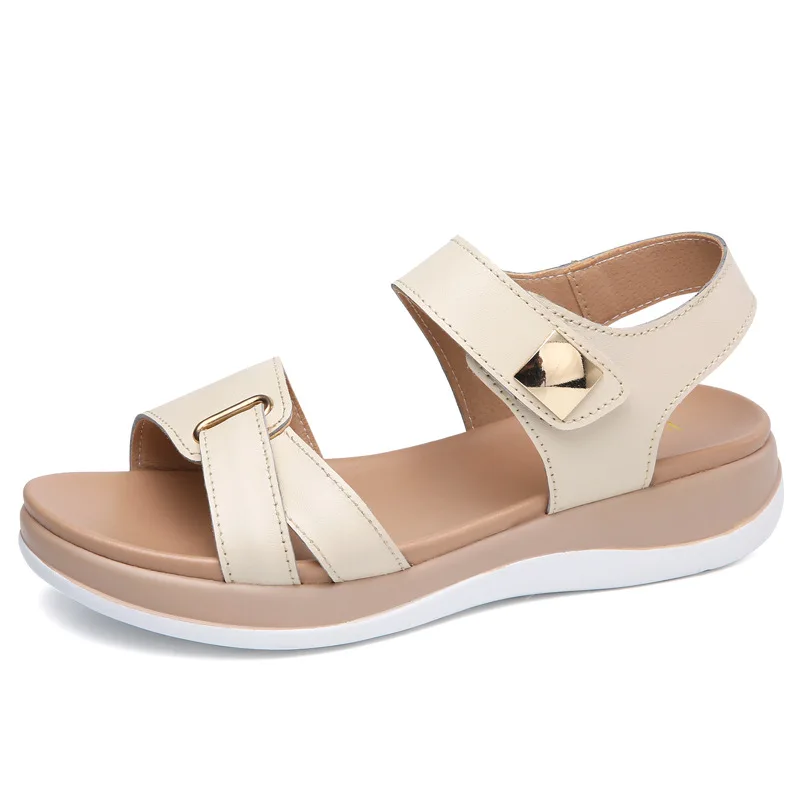 2024 New Summer Genuine Leather Open Toe Women\'s Sandals Fashion Buckle Flat Ladies Sandals Outdoor Casual Ladies Beach Sandals