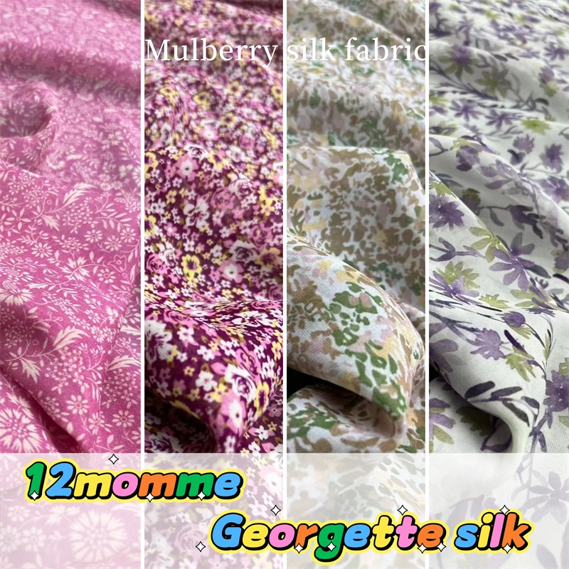 

100% Pure Mulberry Silk Fabric 12MM Popular Pastoral Floral Print Ventilate Georgette High-end Silk Chiffon Fabric Free Shipping