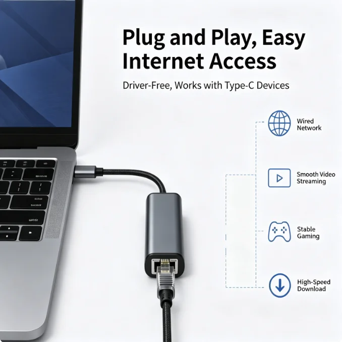 Gigabit Ethernet Adapter Plug and Play, USB-C to RJ45 1000Mbps Aluminum Braided LAN Dongle for MacBook  PC Windows MacOS Linux