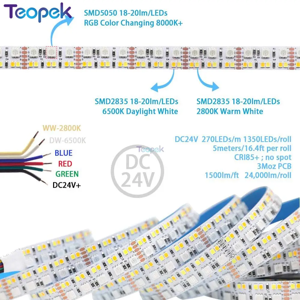 Super Bright RGB+CCT Flexible Led Strip Lights 270LEDs/m 5050 RGB + 2835 Warm /Cool White Double Row LED Tape DC24V 15mm PCB