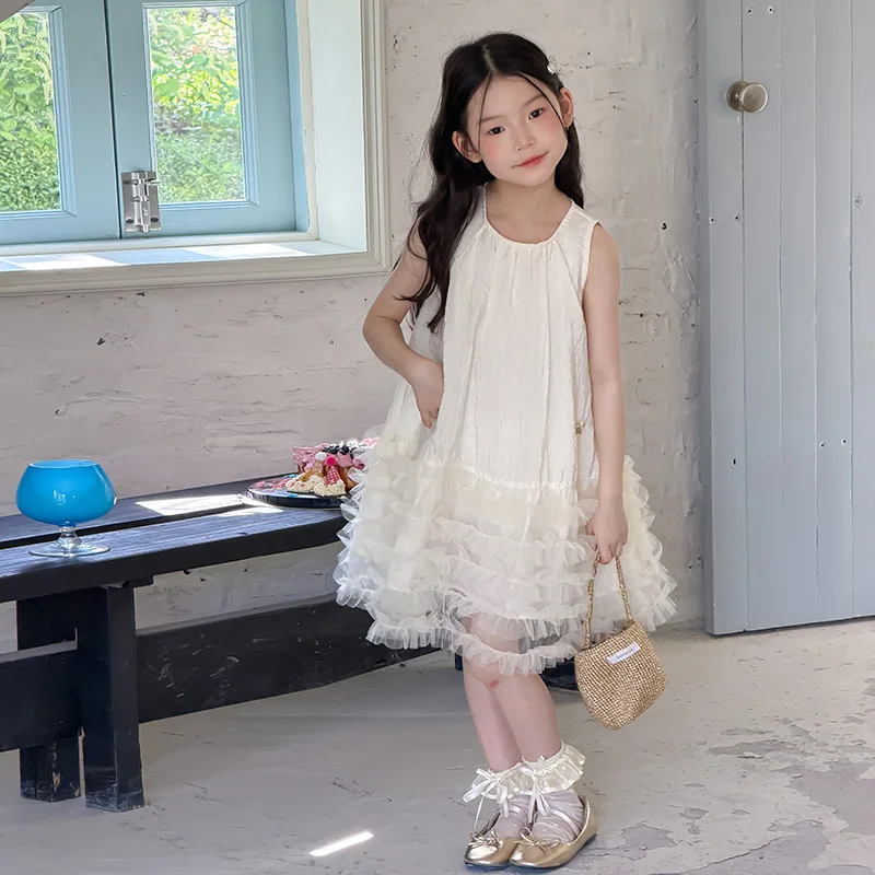 Girls' Summer Cream Cloud Skirt 2026 new solid color Children's Dreamy Atmosphere Sleeveless Cake Mesh Vest Skirt