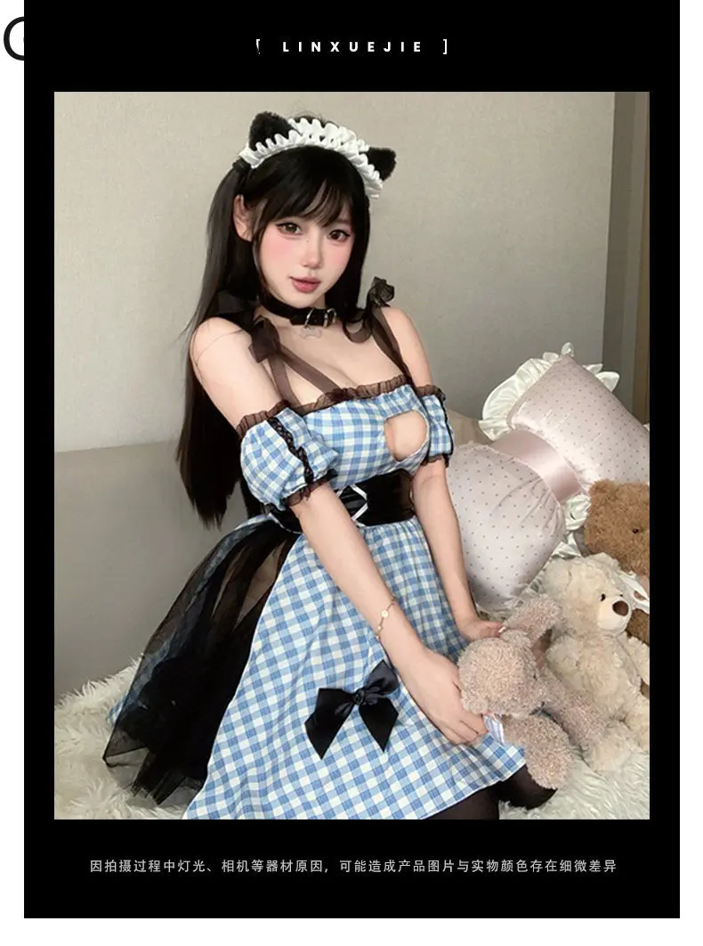 

Sweet and Cute Plaid Maid Cosplay Uniform Girls Lolita Pajamas 2026 New Summer Nightgowns Femme Fashion Women's Sleep